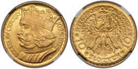 10 złotych 1925 Chrobry - piękne Moneta z bardzo wyraźnym, świeżym lustrem, piękna, doceniona wysoką notą. 
 Złoto, średnica 19 mm, waga 3.225 g (kat...