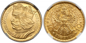 10 złotych 1925 Chrobry Złoto, średnica 19 mm, waga 3.225 g (katalogowa). 
Reference: Parchimowicz 125
Grade: NGC MS65 