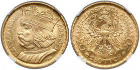 20 złotych 1925 Chrobry - piękne Wyselekcjonowany egzemplarz. Druga najwyższa nota w NGC. Złoto, średnica 21 mm, waga 6.45 g (katalogowa). 
Reference...