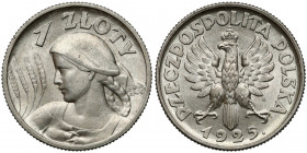 Kobieta i kłosy 1 złoty 1925 Moneta w bardzo ładnym, bliskim menniczego stanie zachowania. Ładna powierzchnia, naturalny połysk. Atrakcyjny, bardzo ur...