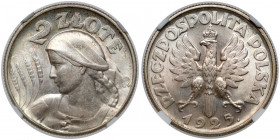 Kobieta i kłosy 2 złote 1925 z kropką, Londyn Ładna moneta. 
Reference: Chałupski 2.18.2.b (R), Parchimowicz 109.d
Grade: NGC MS61 