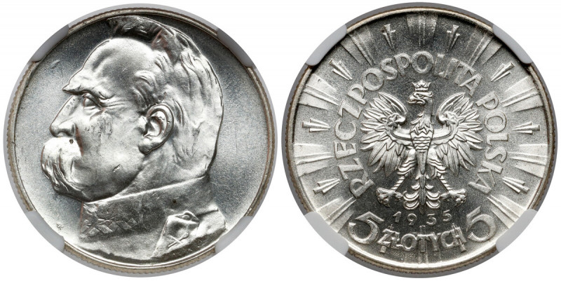 Piłsudski 5 złotych 1935 - PIĘKNE Znakomity, menniczy egzemplarz. Moneta w takim...