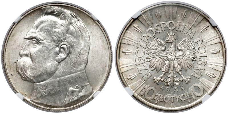 Piłsudski 10 złotych 1934 - urzędowy Rzadki, szczególnie w menniczych stanach za...