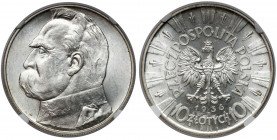 Piłsudski 10 złotych 1936 Reference: Chałupski 2.32.3.a, Parchimowicz 124.c
Grade: NGC MS61 