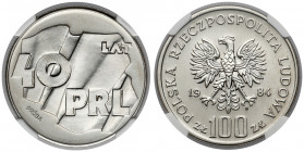 Próba NIKIEL 100 złotych 1984, 40 lat PRL Piękny. 
Reference: Parchimowicz P.410.a
Grade: NGC MS67 