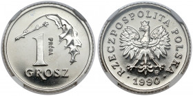 Próba NIKIEL 1 grosz 1990 Przedstawiciel jedynej, próbnej serii monet podenominacyjnych będącej w obrocie kolekcjonerskim.&nbsp; Poszukiwana i ceniona...