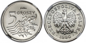 Próba NIKIEL 5 groszy 1990 Ceniona moneta w pięknym stanie. 
 Przedstawiciel jedynej, próbnej serii monet podenominacyjnych będącej w obrocie kolekcj...
