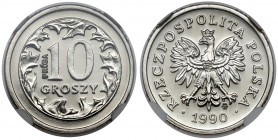Próba NIKIEL 10 groszy 1990 Przedstawiciel jedynej, próbnej serii monet podenominacyjnych będącej w obrocie kolekcjonerskim.&nbsp; Poszukiwana i cenio...