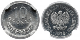 10 groszy 1970 - PROOF LIKE Moneta będąca bardzo świeżą odbitką stempla, o prezencji lustrzanki i tak oceniona przez NGC. 
Reference: Parchimowicz 20...