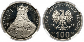 100 złotych 1987 Kazimierz III Wielki - LUSTRZANKA Moneta wybita stemplem lustrzanym. 
Reference: Parchimowicz 301
Grade: NGC PF68 UC 