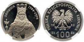100 złotych 1988 Jadwiga - LUSTRZANKA Moneta wybita stemplem lustrzanym. 
Reference: Parchimowicz 302
Grade: NGC PF68 UC 