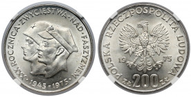 200 złotych 1975 Zwycięstwo nad Faszyzmem Bardzo pospolita moneta, ale bita w jakości typowej dla monet przeznaczonych do obiegu. W efekcie trudno o e...