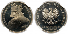 500 złotych 1989 Władysław II Jagiełło - LUSTRZANKA Moneta wybita stemplem lustrzanym. 
Reference: Parchimowicz 336
Grade: NGC PF68 C 