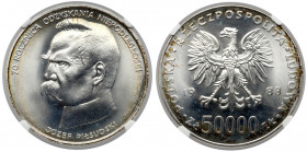 50.000 złotych 1988 Piłsudski Wyśmienity, okazowy egzemplarz.&nbsp; Reference: Parchimowicz 372.a
Grade: NGC MS67 