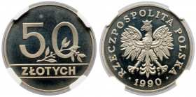 50 złotych 1990 - LUSTRZANKA Moneta wybita stemplem lustrzanym. 
Reference: Parchimowicz 601
Grade: NGC PF67 UC 