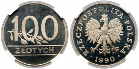 100 złotych 1990 - LUSTRZANKA Moneta wybita stemplem lustrzanym. 

Reference: Parchimowicz 602
Grade: NGC PF66 UC 