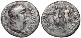 Neron (54-68 n.e.) Denar - AVGVSTVS AVGVSTA Denar Nerona wybity w Rzymie, przedstawiający na rewersie stojącą obok niego małżonkę cesarską - Poppea, p...