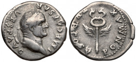 Wespazjan (69-79 n.e.) Denar - Kaduceusz Moneta z przedstawieniem uskrzydlonego kaduceusza odnosząca się do pomyślnej dla handlu opieki Merkurego. Awe...