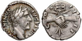 Antoninus Pius (138-161 n.e.) Denar Awers Głowa cesarza w prawo, w otoku legenda ANTONINVS AVG PIVS PP Rewers: Dwie złączone dłonie, trzymające kaduce...