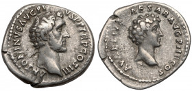 Antoninus Pius (138-161 n.e.) Denar - Marek Aureliusz jako Cezar Bardzo ciekawa odmiana denara z portretem Marka Aureliusza jako Cezara na rewersie.&n...