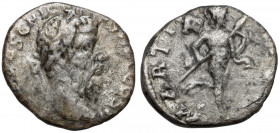 Pescennius Niger (193-194 n.e.) Denar Antiochia - Rzadkość! Ekstremalnie rzadka moneta, wybita na małym krążku.&nbsp; Awers: Głowa cesarza w wieńcu la...