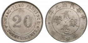 China, Kwangtung Province, 2 Jiao / 20 Cents year 9 (1920) Lekko przetarta na stronie z nominalem. Srebro, średnica 23.4 mm, waga 5.22 g. Moneta pozys...