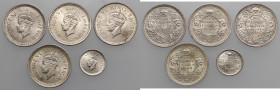 India - British, 1 rupee do 1/4 rupee 1941-1945 (5pcs) Większość monet podchodząca pod menniczy stan zachowania.&nbsp; 
Grade: XF-UNC 