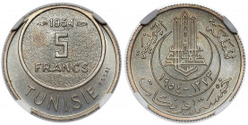 Tunisia, 5 francs 1954 - Essai / Próba 
Grade: NGC MS66 