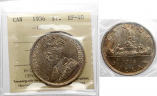 Canada, George V, Dollar 1936 Bardzo ładny.&nbsp; Moneta z certyfikacją firmy ICCS, z restrykcyjną oceną kondycji. 
Grade: ICCS EF40 