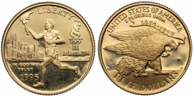 USA, 5 dollars 1995-W West Point, XXVI Olympiad Torch Runner Złoto .900, średnica 21,6 mm, waga 8,35 g.&nbsp; 
Grade: Proof 