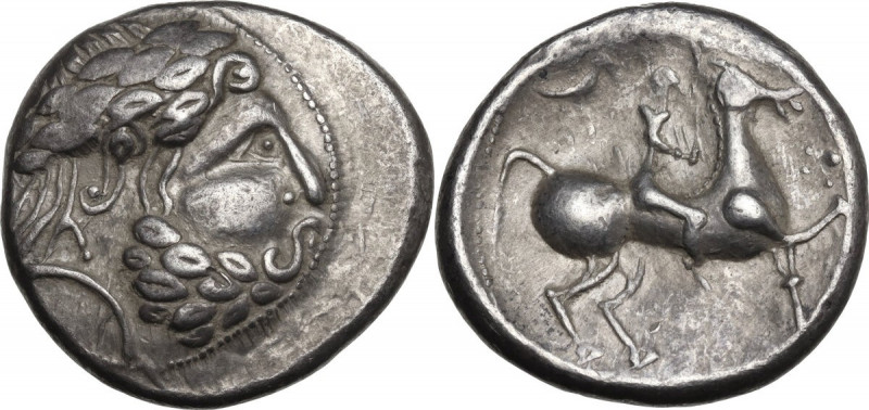 Celtic World. Pannonia. AR Tetradrachm, Vogelreiter type, late 3rd century BC. O...