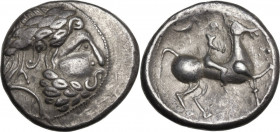 Celtic World. Pannonia. AR Tetradrachm, Vogelreiter type, late 3rd century BC. Obv. Laureate head of Zeus right. Rev. Celticized horseman riding right...