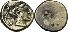 Greek Italy. Etruria, Populonia. Pale AV 25-Asses, c. 300-250 BC. Obv. Female head right, with hair caught up at back and bound by diadem; behind, XXV...