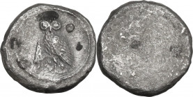 Greek Italy. Etruria, Populonia. AR 5-Asses, 3rd century BC. Obv. Owl with closed wings, standing left; in left field, V. Dotted border. Rev. Blank. V...