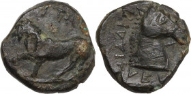 Greek Italy. Northern Apulia, Teate. AE 17.5 mm. 325-275 BC. Obv. [TI]ATI retrograde. Lion walking left. Rev. B I Δ A I I- A R A retrograde. Head and ...