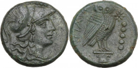 Greek Italy. Northern Apulia, Teate. AE Quincunx, 225-200 BC. Obv. Head of Athena right, wearing Corinthian helmet; five pellets above. Rev. TIATI. Ow...