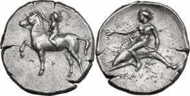 Greek Italy. Southern Apulia, Tarentum. AR Nomos, c. 380-340 BC. Obv. Naked youth crowning horse standing left, right foreleg raised; below, A-P. Rev....