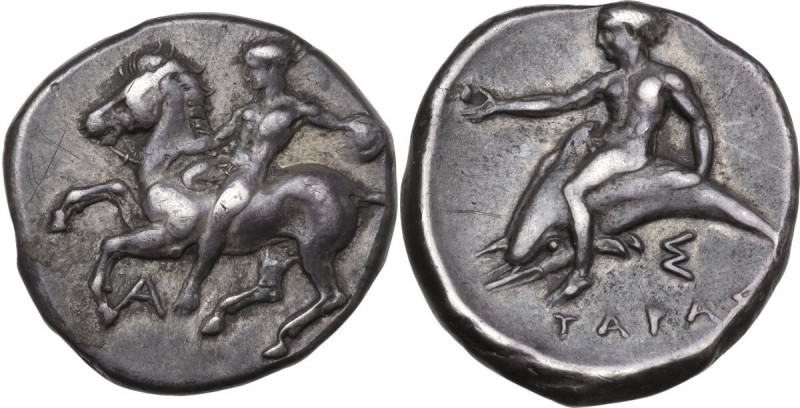 Greek Italy. Southern Apulia, Tarentum. AR Nomos, c. 380-370 BC. Obv. Horseman d...