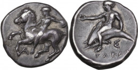 Greek Italy. Southern Apulia, Tarentum. AR Nomos, c. 380-370 BC. Obv. Horseman dismounting left, holding round shield. Rev. Phalanthos riding dolphin ...