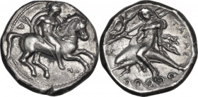 Greek Italy. Southern Apulia, Tarentum. AR Nomos, c. 340-332 BC. Obv. Ephebe, nude but for helmet, with shield over left arm, riding horse galloping r...