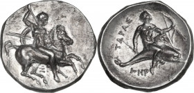 Greek Italy. Southern Apulia, Tarentum. AR Nomos, c. 334-330 BC. Obv. Rider on horseback right, brandishing spear, holding two other spears and shield...