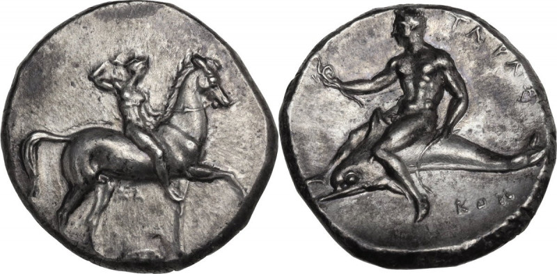 Greek Italy. Southern Apulia, Tarentum. AR Nomos, c. 332-302 BC. Sa- and Kon- ma...