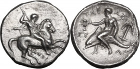 Greek Italy. Southern Apulia, Tarentum. AR Nomos, c. 302-280 BC. Anthrop-, Eu-, and Ar-, magistrates. Obv. Warrior, holding two spears and shield, rai...