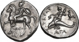 Greek Italy. Southern Apulia, Tarentum. AR Nomos, c. 302-280 BC. Nikodamos, Eu-, and Aga-, magistrates. Obv. Nude warrior, wearing crested helmet and ...