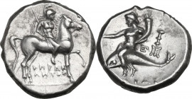 Greek Italy. Southern Apulia, Tarentum. AR Nomos, c. 281-240 BC. Herakletos, Fi- and Ep- magistrates. Obv. Warrior on horseback right, lance in right ...