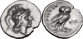 Greek Italy. Southern Apulia, Tarentum. AR Drachm, c. 272-240 BC. Aristis magistrate. Obv. Head of Athena right, wearing Attic crested helmet decorate...