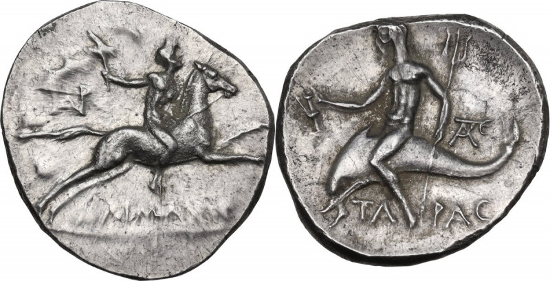Greek Italy. Southern Apulia, Tarentum. AR Nomos, c. 240-228 BC. Daimachos, magi...