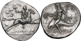 Greek Italy. Southern Apulia, Tarentum. AR Nomos, c. 240-228 BC. Daimachos, magistrate. Obv. Nude youth, holding torch, on horse galloping right; mono...