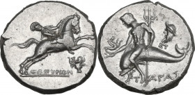 Greek Italy. Southern Apulia, Tarentum. AR Nomos, c. 240-228 BC. Zopyrion magistrate. Obv. Youth, wearing short chiton, holding rein in right hand, le...