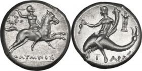 Greek Italy. Southern Apulia, Tarentum. AR Nomos, c. 240-228 BC. Olympis magistrate. Obv. Nude warrior, brandishing javelin, on horse galloping right;...